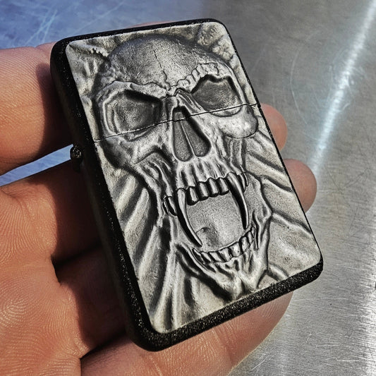 Plated Skull Design Black Crackle Flip Lighter