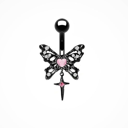 Pink And Black Butterfly Belly Bar 14G