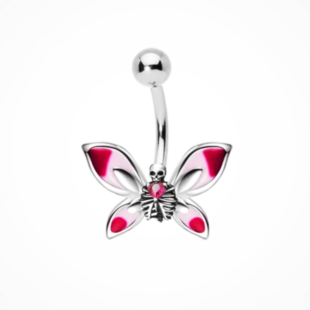 Pink Skeleton Of Death Butterfly Belly Bar 14G