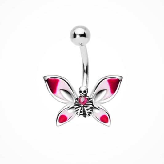 Pink Skeleton Of Death Butterfly Belly Bar 14G