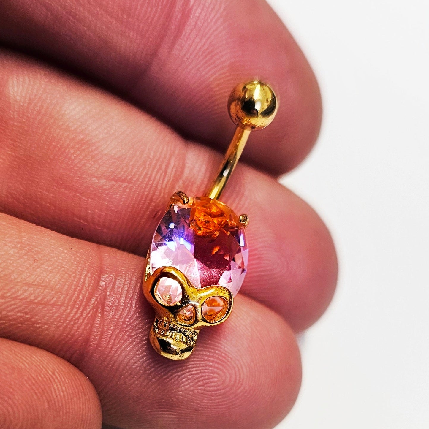 Gem Stone Skull Head Belly Bars 14G