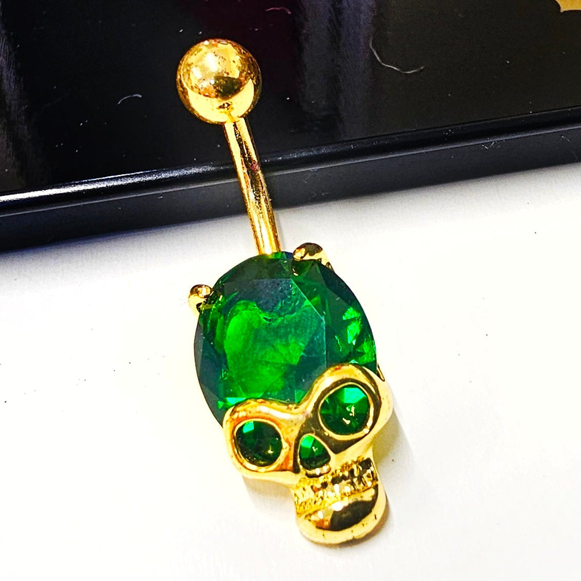 Gem Stone Skull Head Belly Bars 14G