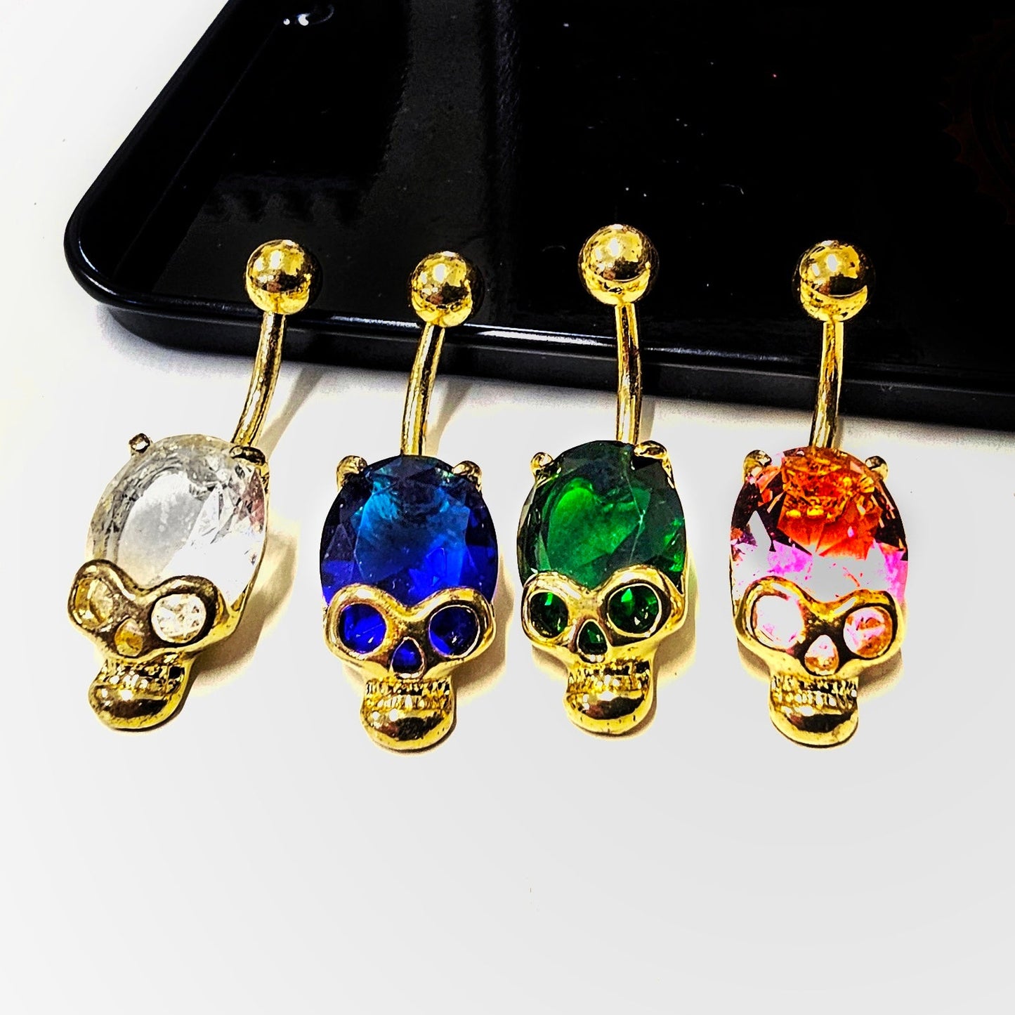 Gem Stone Skull Head Belly Bars 14G