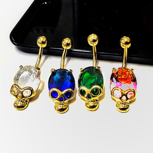 Gem Stone Skull Head Belly Bars 14G