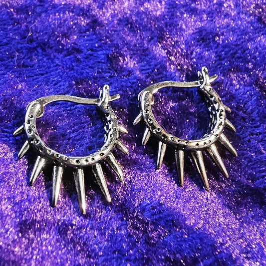 Punk Spiked Silver Hinged Hoop Earring Pair