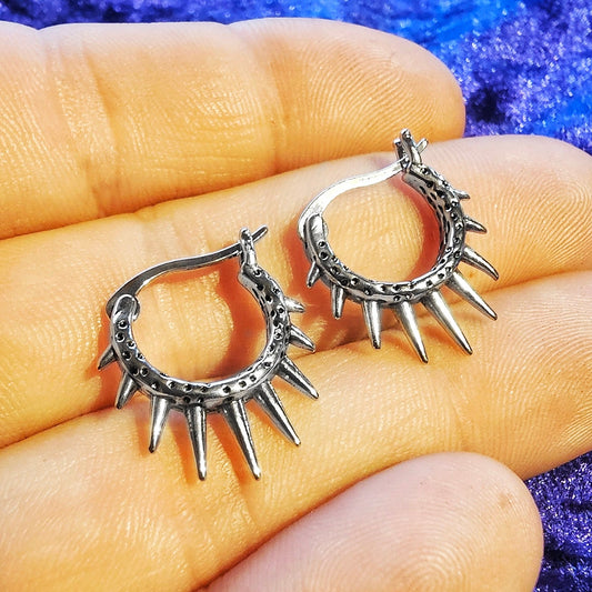 Punk Spiked Silver Hinged Hoop Earring Pair