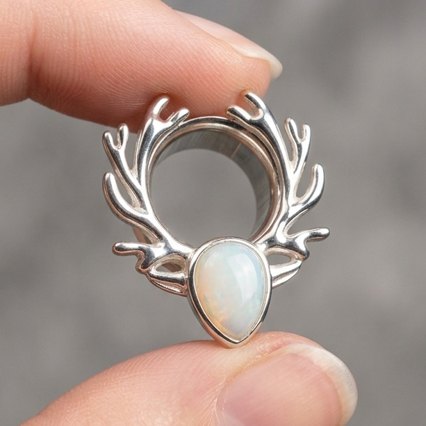 single silver Deer Antler & Opal Ear Tunnel