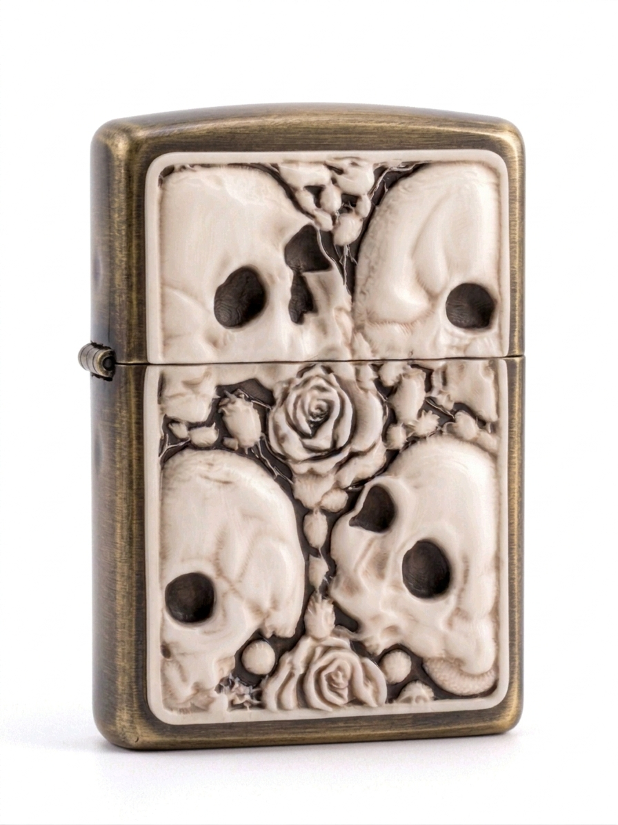 antique bronze lighter with White plated flip lighter with embossed skull and roses design