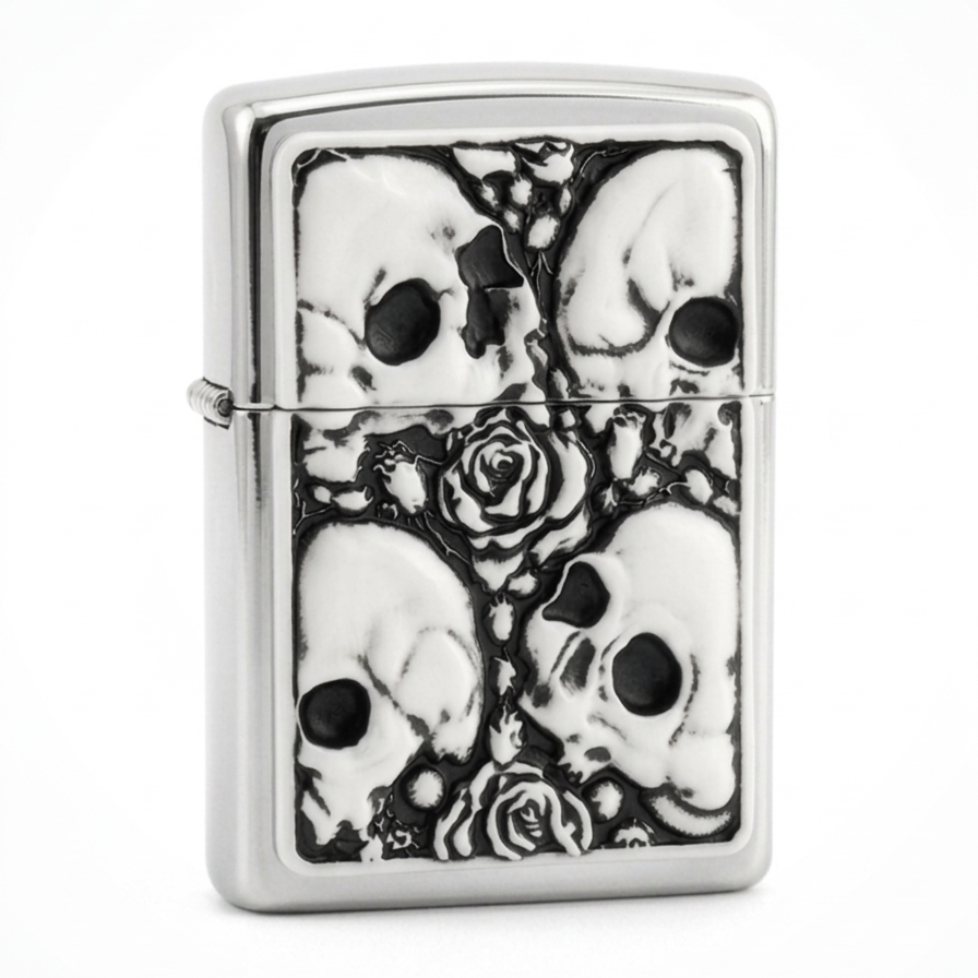 silver lighter with White plated flip lighter with embossed skull and roses design