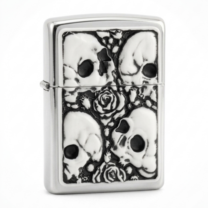 silver lighter with White plated flip lighter with embossed skull and roses design
