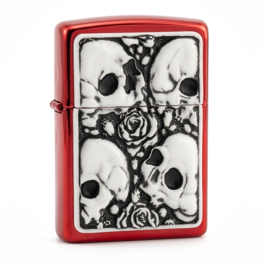 red lighter with White plated flip lighter with embossed skull and roses design