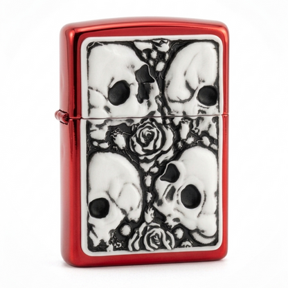 red lighter with White plated flip lighter with embossed skull and roses design