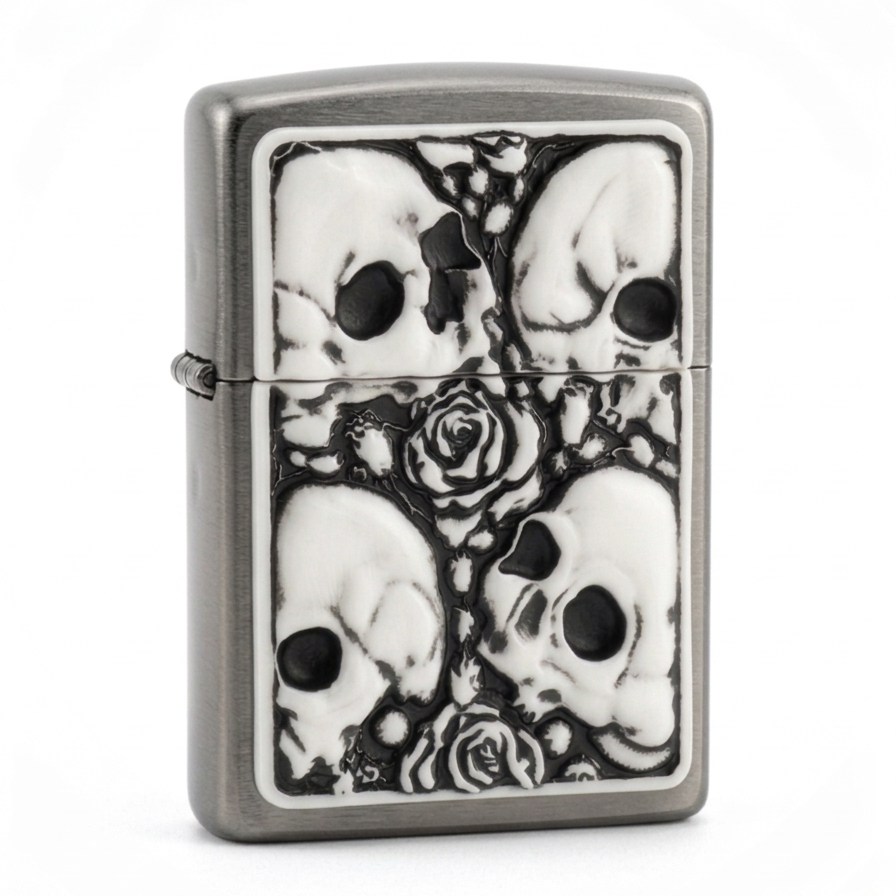 gray lighter with White plated flip lighter with embossed skull and roses design