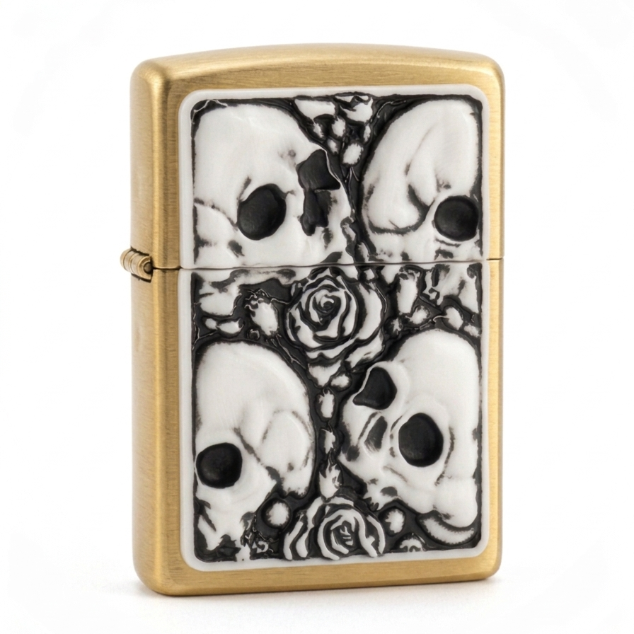 gold lighter with White plated flip lighter with embossed skull and roses design