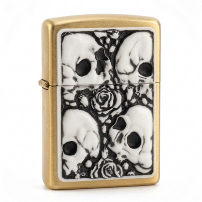 gold lighter with White plated flip lighter with embossed skull and roses design