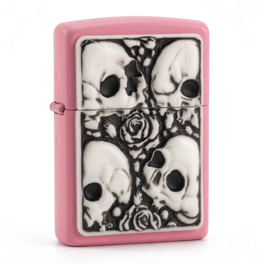 pearl pink lighter with White plated flip lighter with embossed skull and roses design