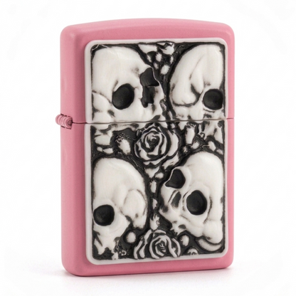 pearl pink lighter with White plated flip lighter with embossed skull and roses design