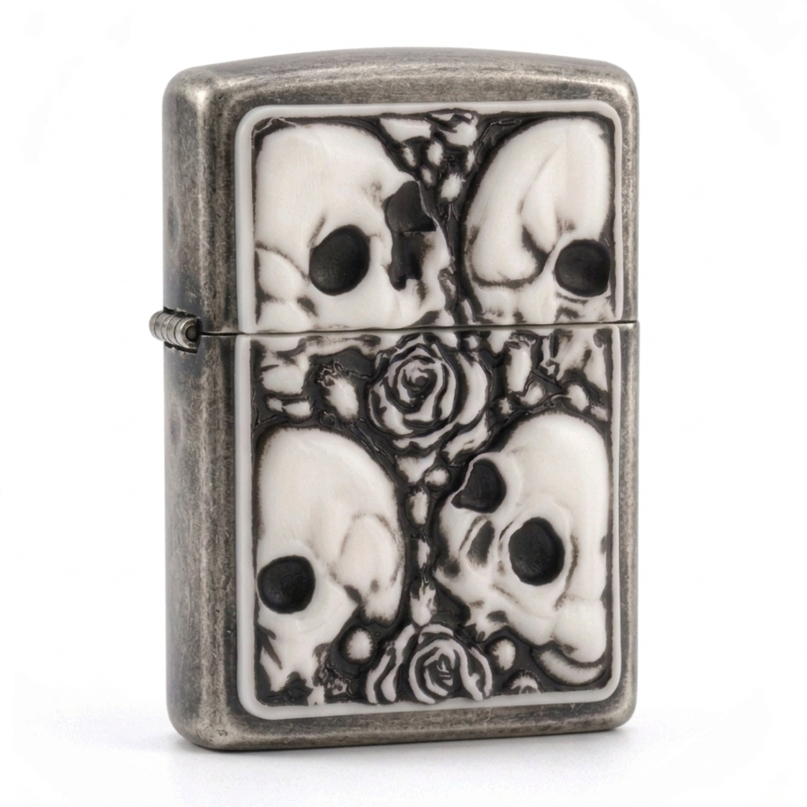 antique silver lighter with White plated flip lighter with embossed skull and roses design