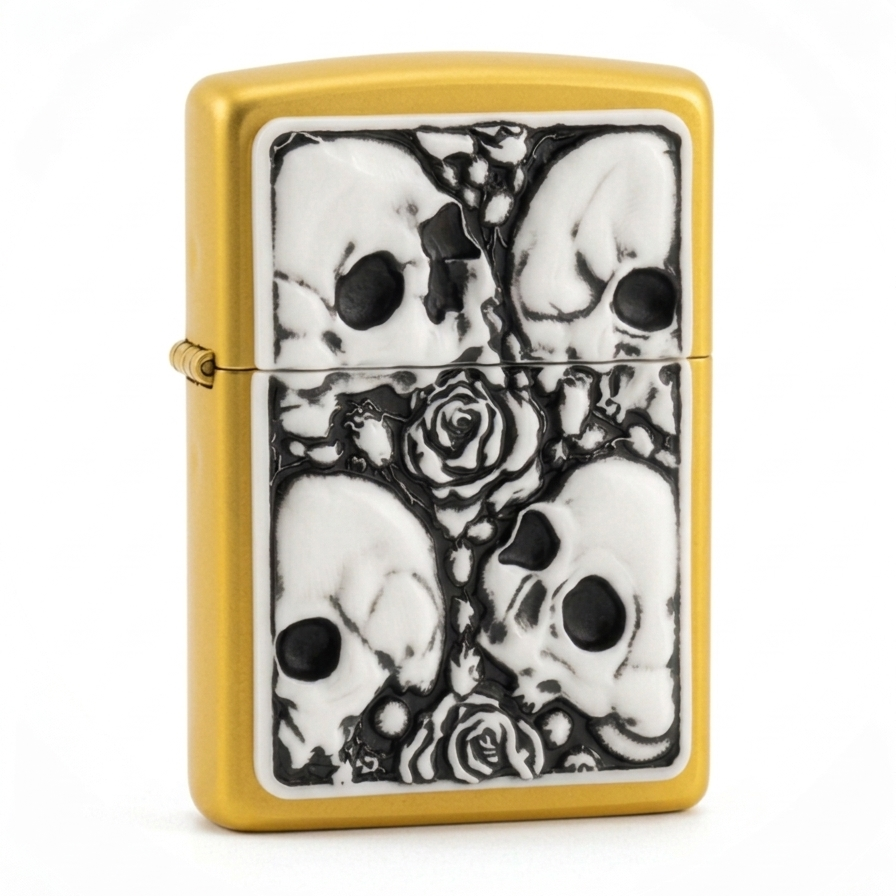 yellow lighter with skull and rose design on a white background