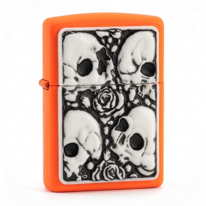 Orange lighter with skull and rose design on a white background