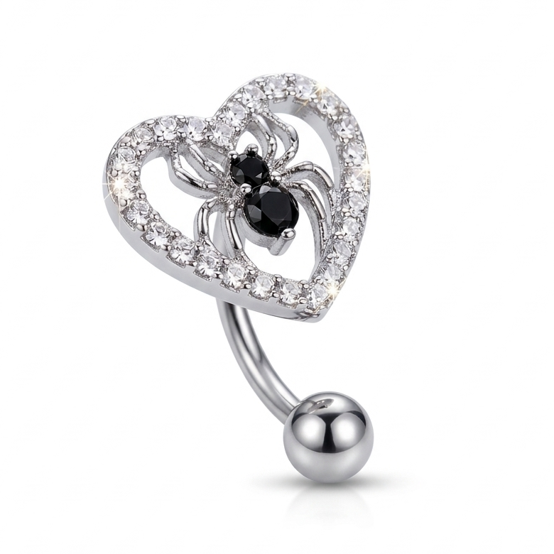 Pave-set clear cubic zirconia heart-shaped reverse navel ring with a detailed black cubic zirconia spider inside, 14g surgical stainless steel bar.