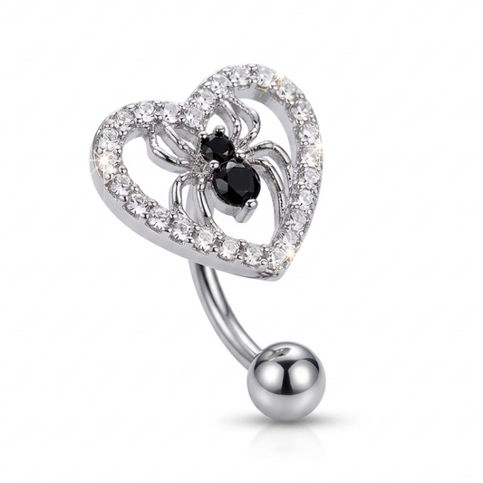 Pave-set clear cubic zirconia heart-shaped reverse navel ring with a detailed black cubic zirconia spider inside, 14g surgical stainless steel bar.