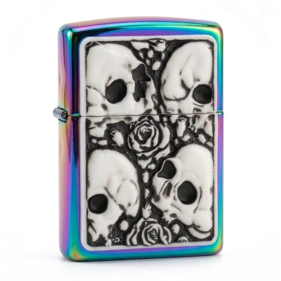 iridescent flip lighter with 3d White skulls and roses plate design on the front