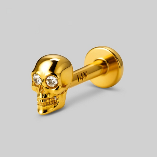 14k Gold Threaded Skull Labret Stud 16G