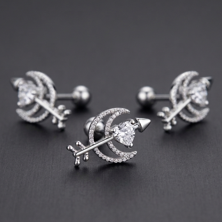 Moon & Heart Silver Arrow Ear Stud