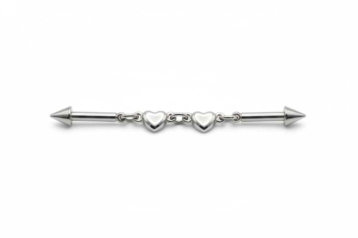 Silver barbell with heart-shaped ends on a white background