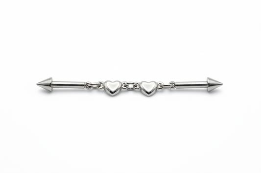 Silver barbell with heart-shaped ends on a white background