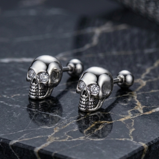 925 Sterling Silver Crystal Eyed Skull Ear Stud Pair