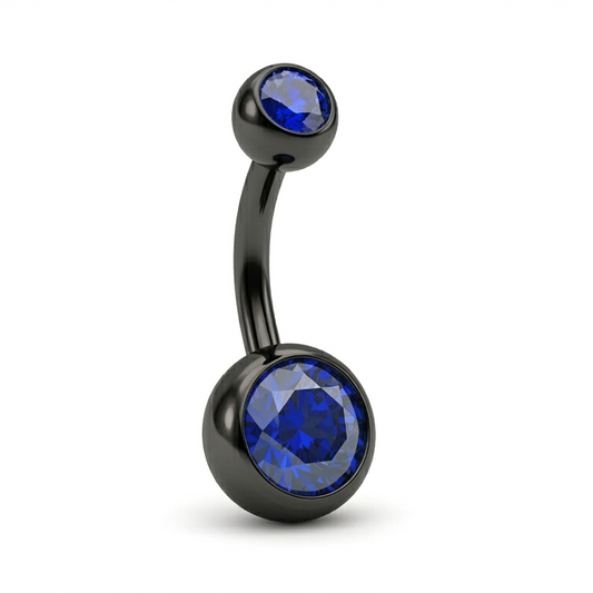 Belly button ring with blue gemstones on a white background