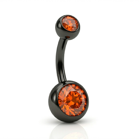 Black belly button ring with orange gemstones on a white background