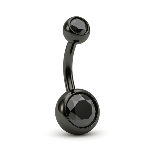 Black belly button ring on a white background