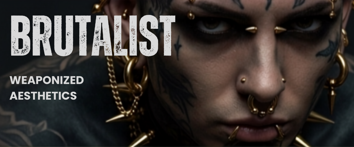 Person with tattoos and gold jewelry with 'BRUTALIST' text overlay