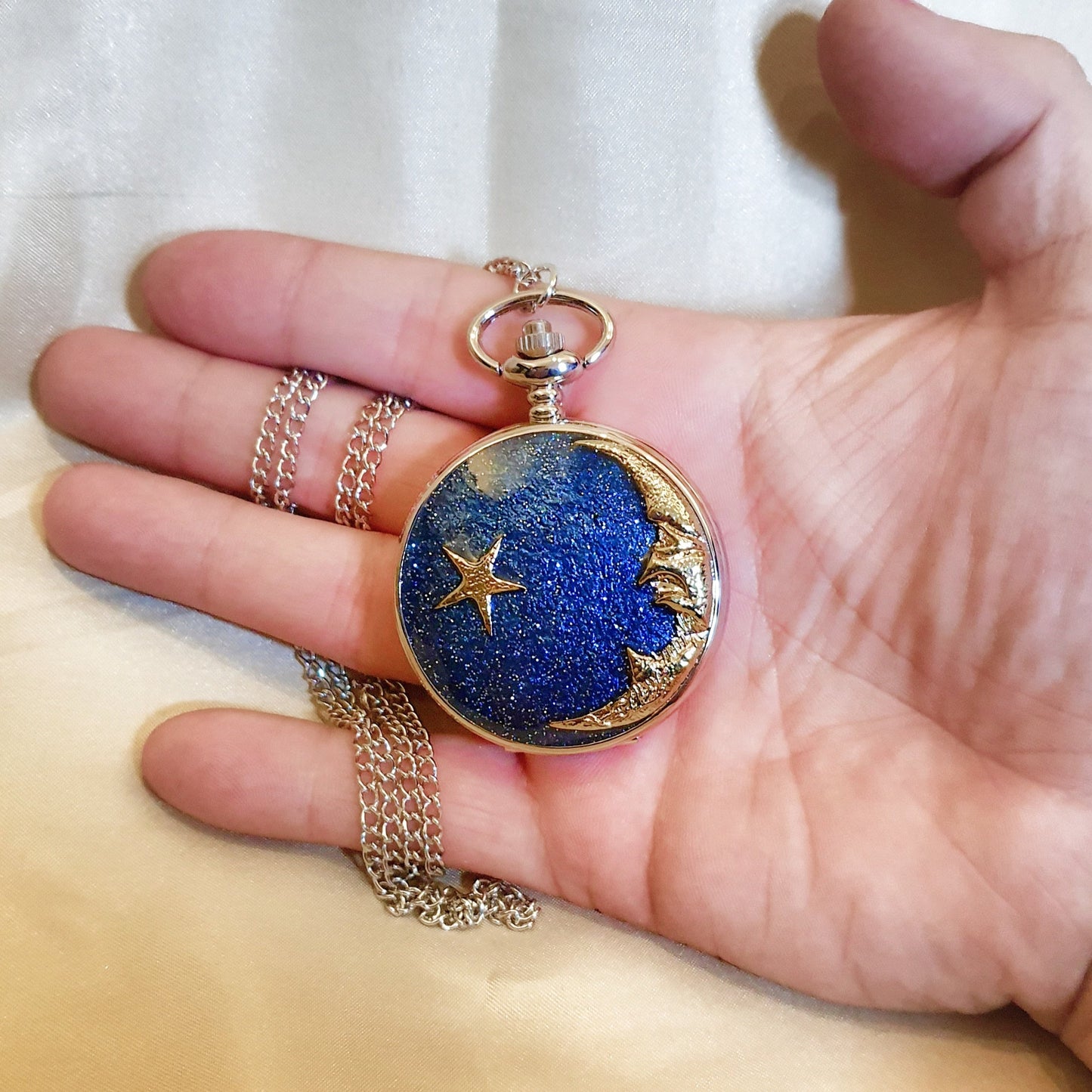 The Moon And Star Pocket Watch Galaxy Blue Quartz With Chain - Pretty Savage Jewellery