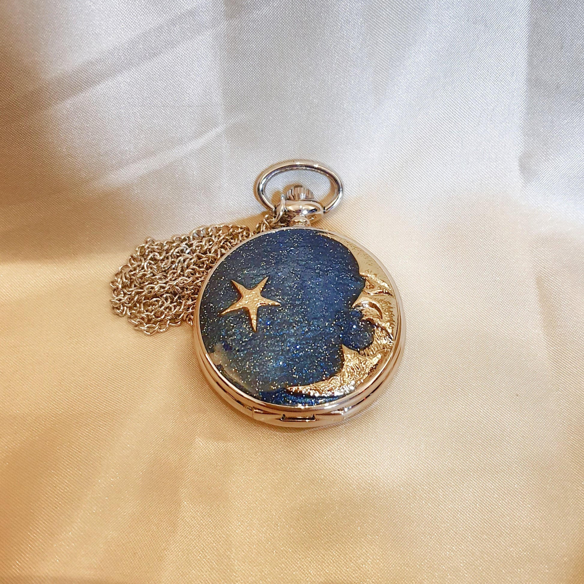 The Moon And Star Pocket Watch Galaxy Blue Quartz With Chain - Pretty Savage Jewellery