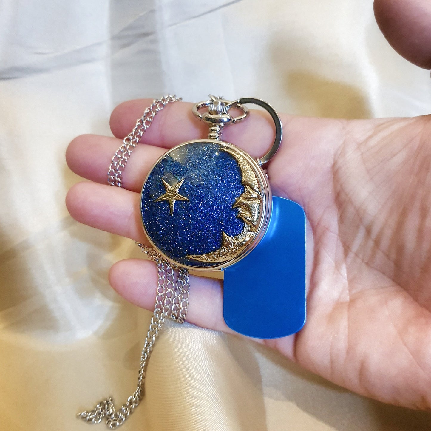 The Moon And Star Pocket Watch Galaxy Blue Quartz With Chain - Pretty Savage Jewellery