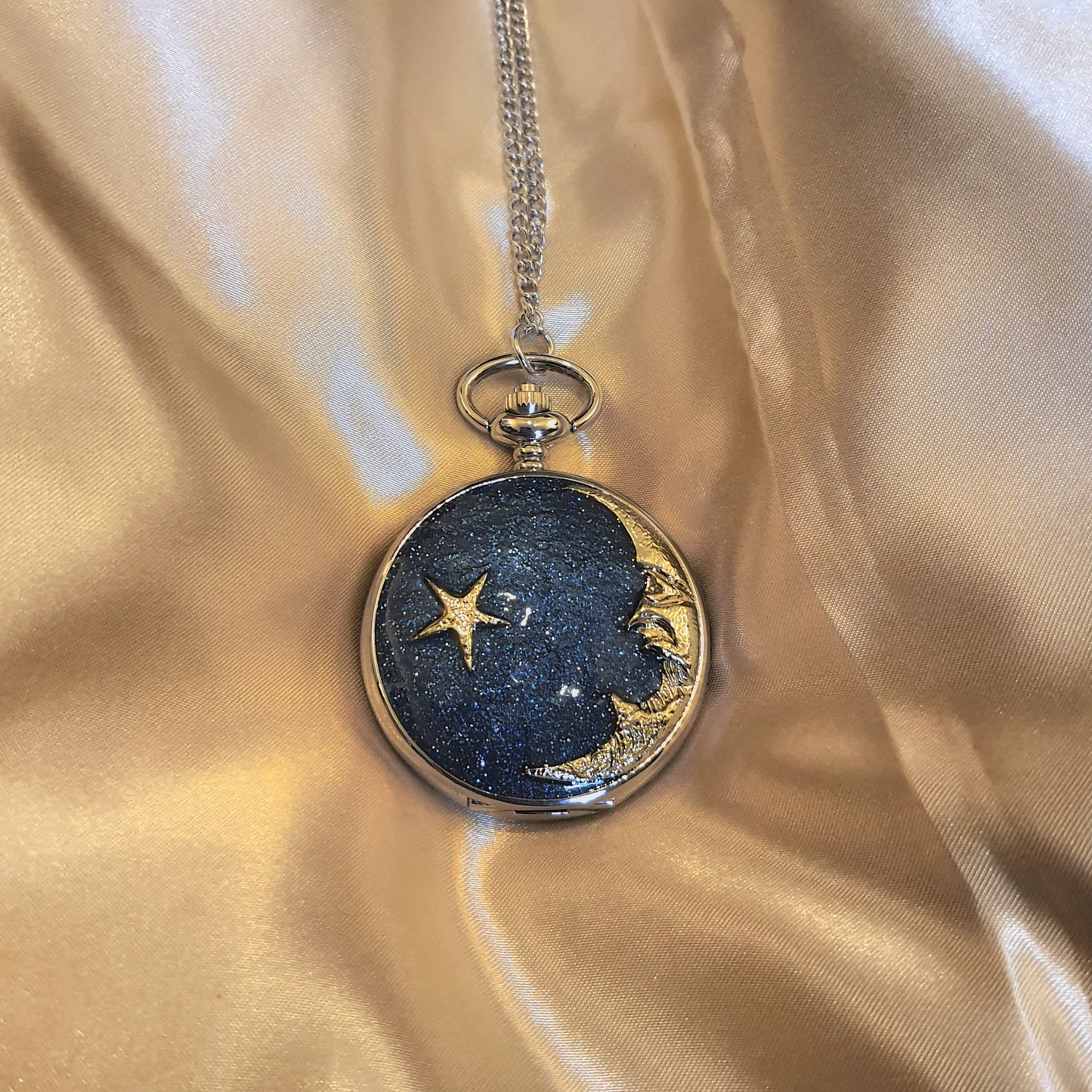 The Moon And Star Pocket Watch Galaxy Blue Quartz With Chain - Pretty Savage Jewellery