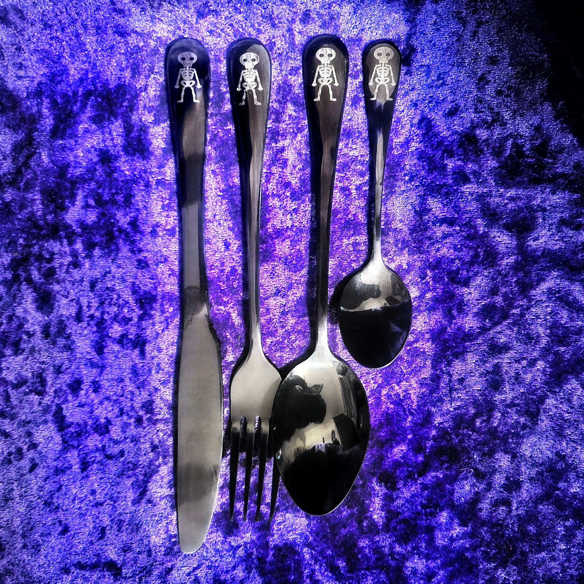 Black Stainless Steel 4pc Skeleton Cutlery Set - Pretty Savage Jewellery