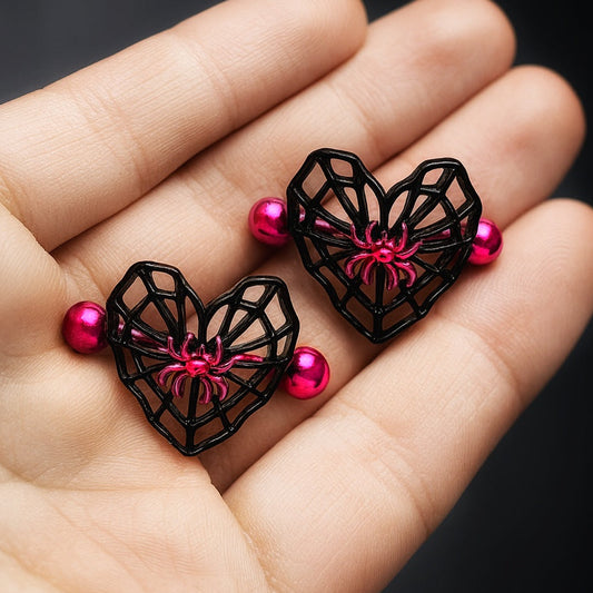Spider Web Heart Nipple Barbell Pair 14G