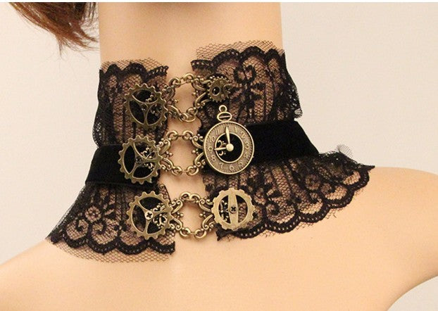 Elegant Black Lace And Metal Gears Steampunk Choker - Pretty Savage Jewellery