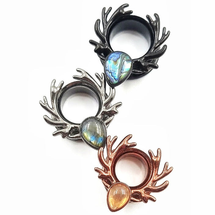 Black Silver And rose Gold stainless steel ear tunnels featuring a deer antler design and black opal inlay, shown in 10mm size