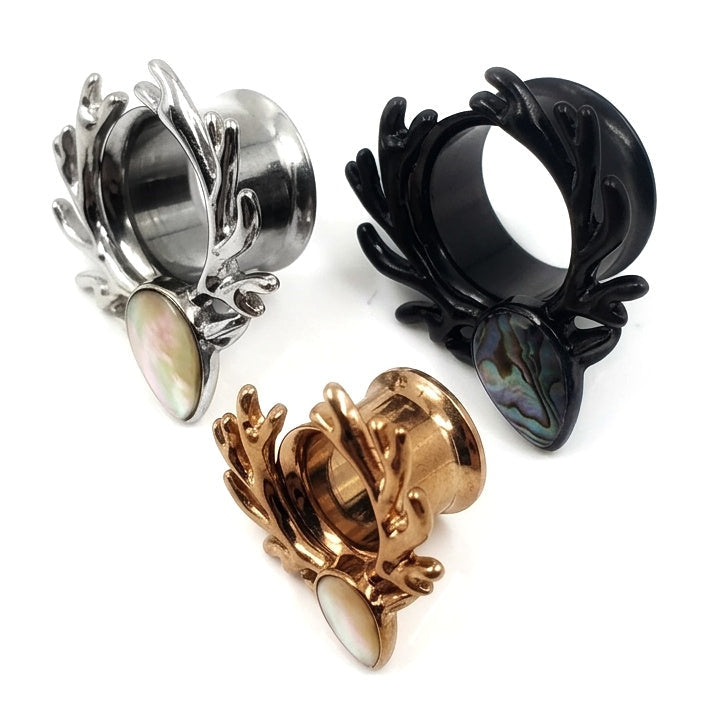 Black Silver And rose Gold stainless steel ear tunnels featuring a deer antler design and black opal inlay, shown in 10mm size