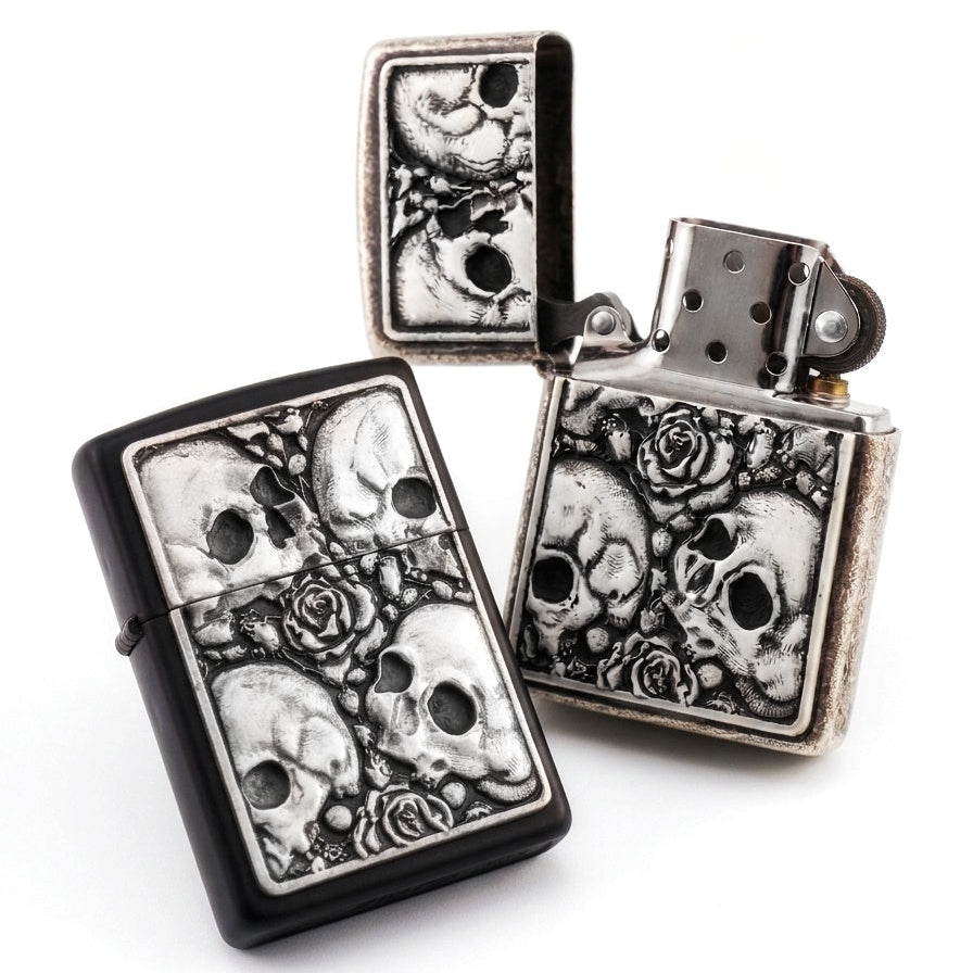 Skulls & Roses White Plated Flip Lighter