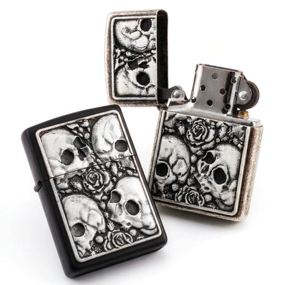 Skulls & Roses White Plated Flip Lighter