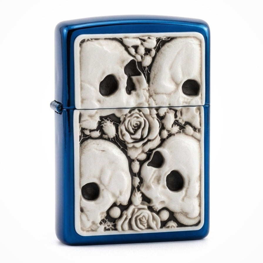 blue lighter with White plated flip lighter with embossed skull and roses design
