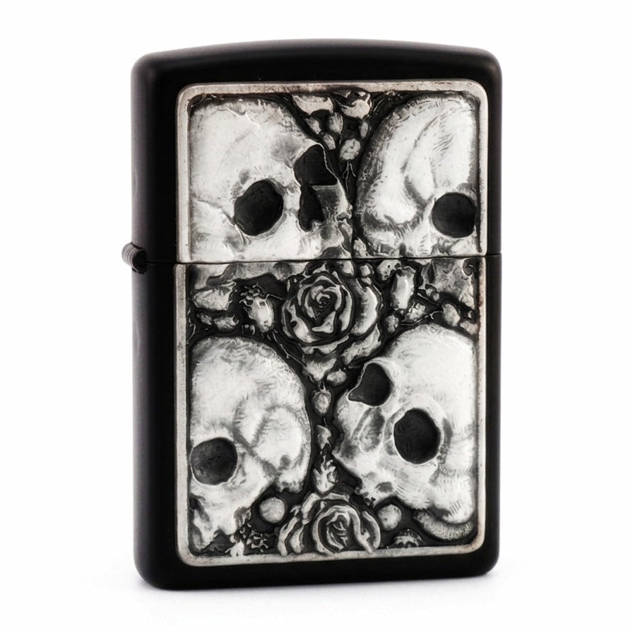 black lighter with White plated flip lighter with embossed skull and roses design