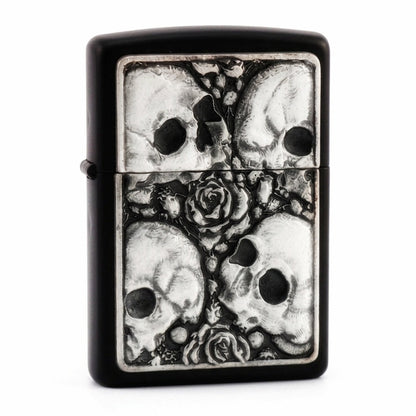 black lighter with White plated flip lighter with embossed skull and roses design